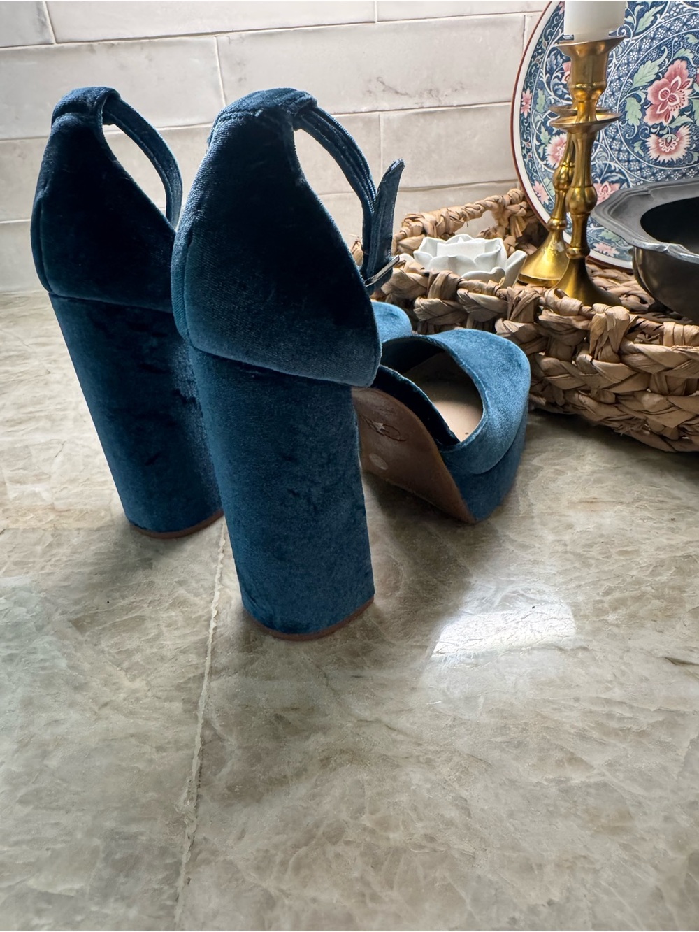 Gianni Bini Blue Velvet Platform Block Heels - Picture 5 of 7